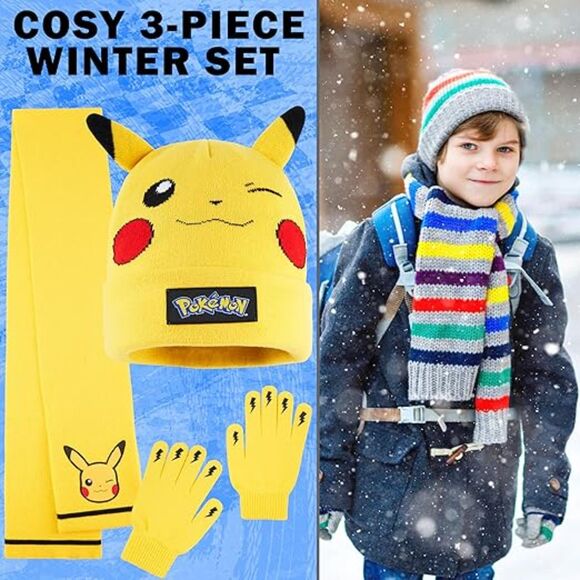 Pokemon Kids Beanie Scarf Gloves Set Warm Cozy Pikachu Winter Gear for Boys Kids - Picture 2 of 4
